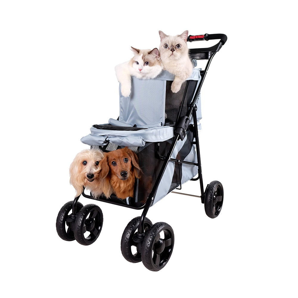 a double stroller, the bottom half with 2 dogs and the top with 2 ragdoll cats